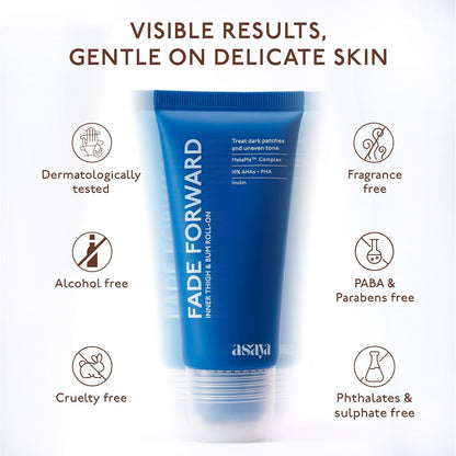 Asaya Fade Forward Inner Thigh & Bum AHA Roll-On | Pigmentation Removal Serum For Dark Inner Thighs & Buttocks | For Women & Men | Non-Sticky & Soothing | MelaMeâ„¢ Complex, 10% AHAs & PHA, Inulin | 70ml