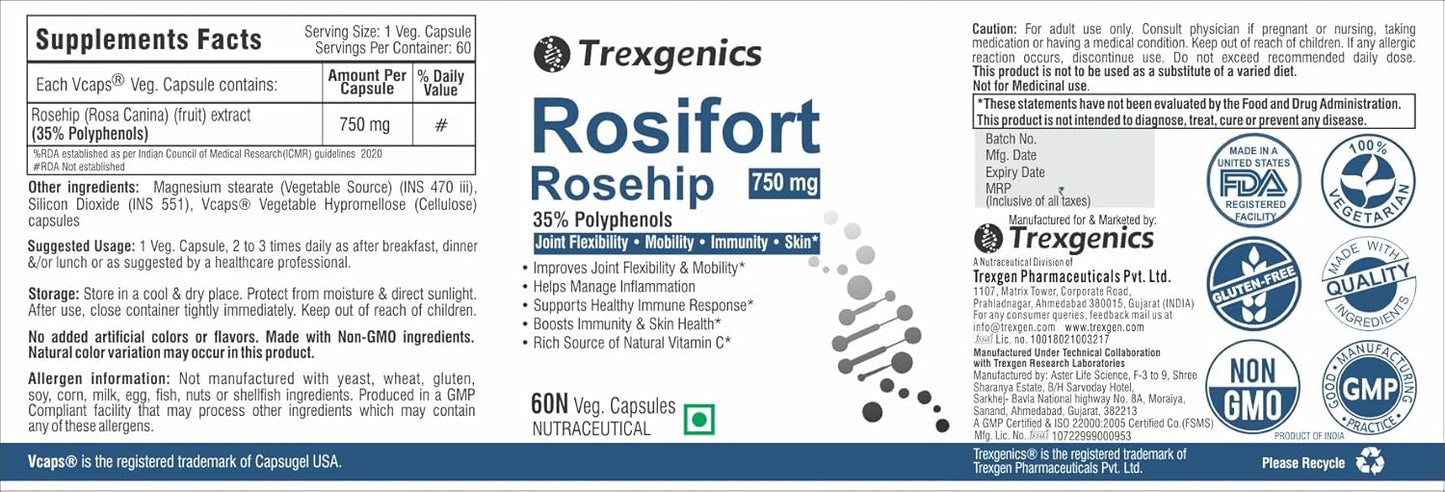 Trexgenics ROSIFORTE Rosehip 35% Polyphenols 750 mg Immunity, Skin, Joint Pain Support VEGAN & NON-GMO (60 Veg. Capsules) (Pack of 1)
