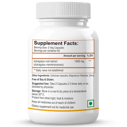 Biotrex Nutraceuticals Astragalus 500mg Supplement | Heart & Kidney Health | Immunity Booster & Adaptogen | Antioxidant | Enhances Strength & Atheletic Performance | 60 Veg Capsules