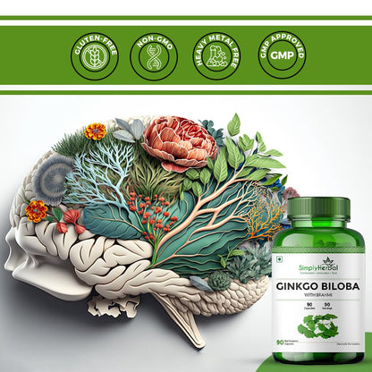 Simply Herbal Ginkgo Biloba 120mg With Bacopa Monnieri Extract Brahmi 380mg for Better Concentration, Improves Blood Circulation, Enhance Alertness, Memory & Learning, 90 Capsules