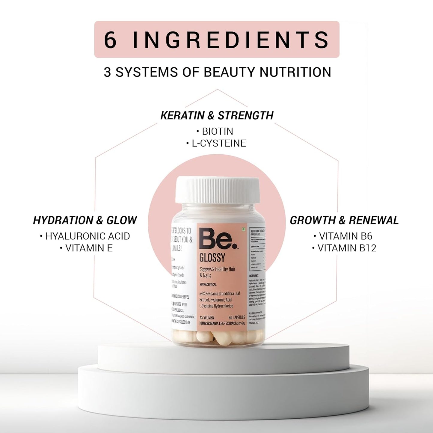 Be. Glossy Hair Supplements for Women | Biotin Tablets for Hair Growth & Nail Strength with Hyaluronic Acid, Vitamin E, Vitamin B12 Tablets & L-Cysteine | Hair & Nail Vitamins | 30 Day Supply | 60 Capsules