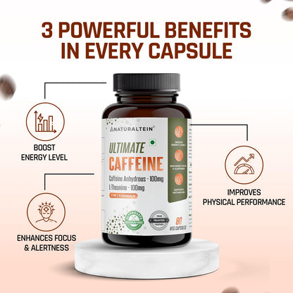 NATURALTEIN Ultimate Caffeine with L-Theanine | 100mg Caffeine + 100mg L-Theanine | Energy, Focus & Alertness Support | 2-in-1 Formula | 60 Veg Capsules