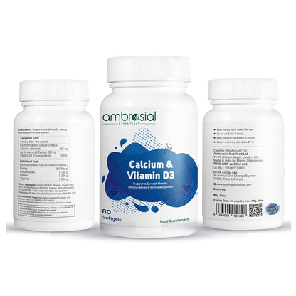 Ambrosial Calcium & Vitamin D3 tablets | High Potency Tablets for Women & Men | Calcium Supplements to Support Healthy Bones, Muscles & Teeths (Pack of 1-60 Softgels)
