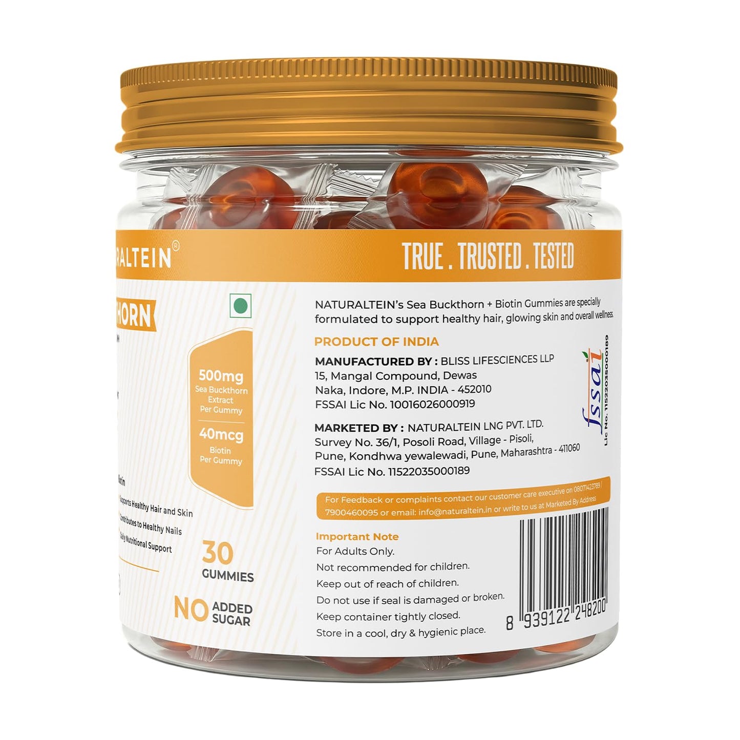 Naturaltein Sea Buckthorn Gummies with Biotin | 30 Gummies | Rich in Vitamin C, A, E & B-Complex | Naturally Occurring Antioxidants, Minerals & Amino Acids | Omega 3, 6, 7 & 9 | 500mg Extract + 40mcg Biotin | Supports Hair, Skin & Nails | No Added Sugar