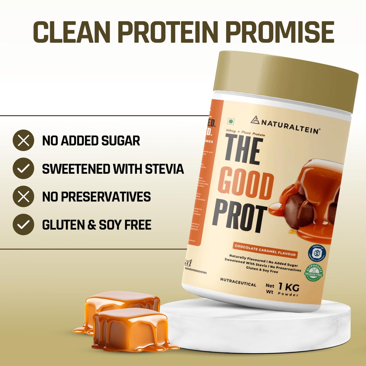 NATURALTEIN The Good Prot 1 kg (Chocolate Caramel) | 22g Protein Per Serving | No Artificial Flavors | Clean & Natural Protein Blend | Plant & Whey Protein Mix