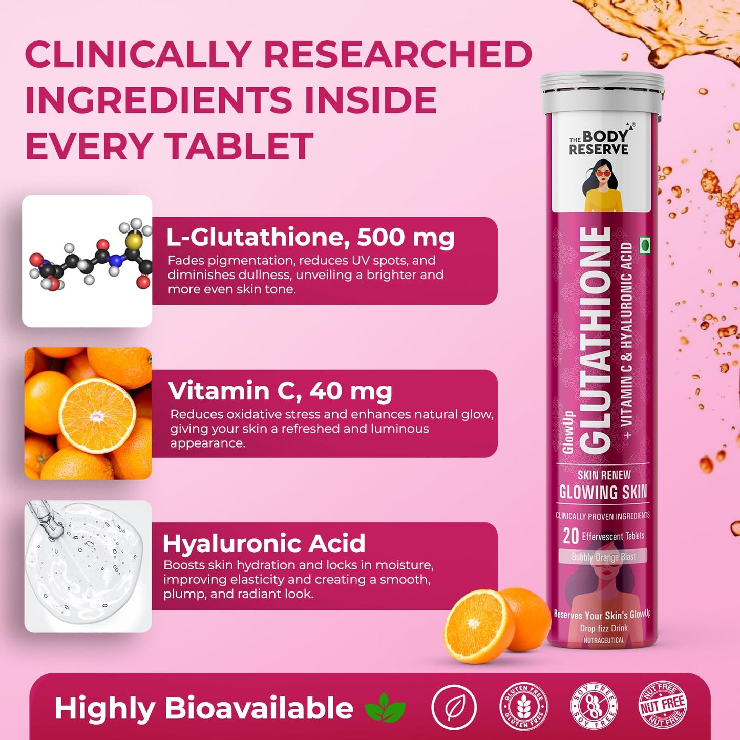 The Body Reserve Glutathione Tablets for Skin Whitening & Skin Glow, 500mg L-Glutathione with Vitamin C & Hyaluronic Acid, Antioxidant Glutathione Supplements, Orange Flavour, 20 Tablets