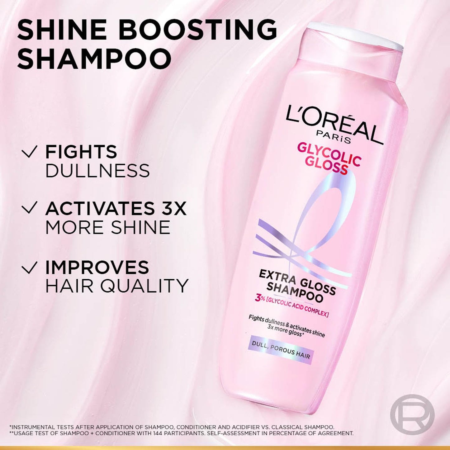 Lâ€™OrÃ©al Paris Glycolic Gloss Shine Boosting Shampoo, powered by 3% Glycolic Acid, for dull hair, restores hair quality for gives 3x more gloss, 800ml