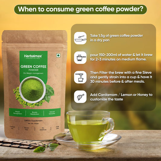 Herbal Max Green Coffee Powder | Natural Weight Management & Energy Support | Organic, All-Natural Supplement for Digestion, Metabolism & Daily Wellness | 100 g