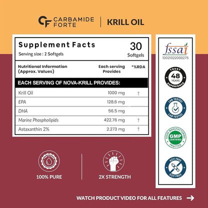 Carbamide Forte Antarctic Krill Oil Capsules 1000mg with Marine Phospholipids & 2% Astaxanthin | 100% Pure Krill Oil Omega 3 300mg Capsules for Heart, Brain, Joint, Eye & Skin Health - 30 Krill Oil Softgels