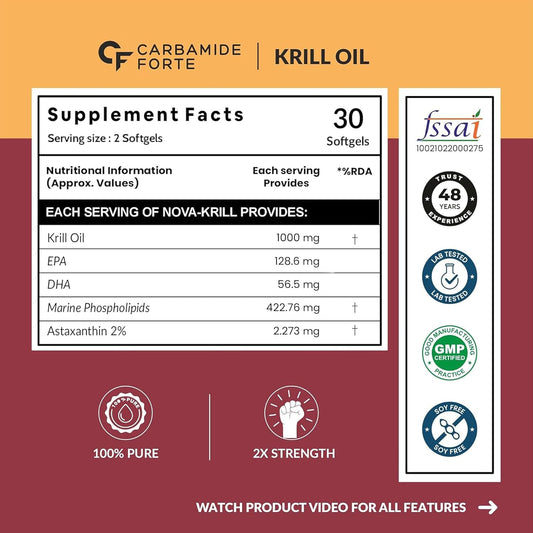Carbamide Forte Antarctic Krill Oil Capsules 1000mg with Marine Phospholipids & 2% Astaxanthin | 100% Pure Krill Oil Omega 3 300mg Capsules for Heart, Brain, Joint, Eye & Skin Health - 30 Krill Oil Softgels