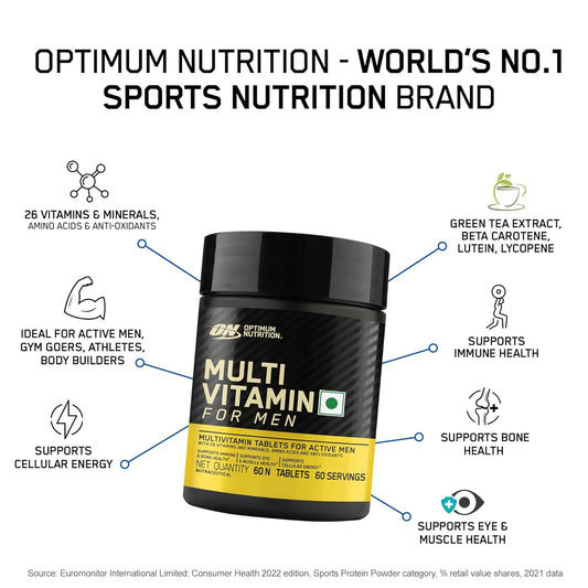 Optimum Nutrition (ON) Multivitamin for MENâ€“ 60 Tablets, 26 Vitamins & Minerals, Amino Acids & Anti-Oxidants (Green Tea Extract, Beta Carotene, Lutein, Lycopene). Vegetarian.