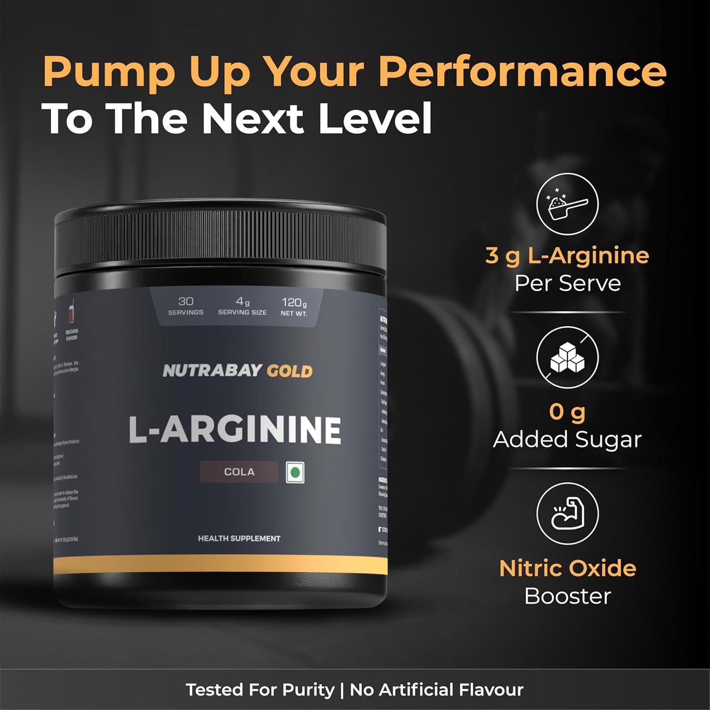 Nutrabay Gold L-Arginine Supplement Powder 120g, Cola Flavor â€“ Pre Workout Amino Acid for Endurance, Muscle Building & Faster Recovery | Tested for Purity | 100% Authentic