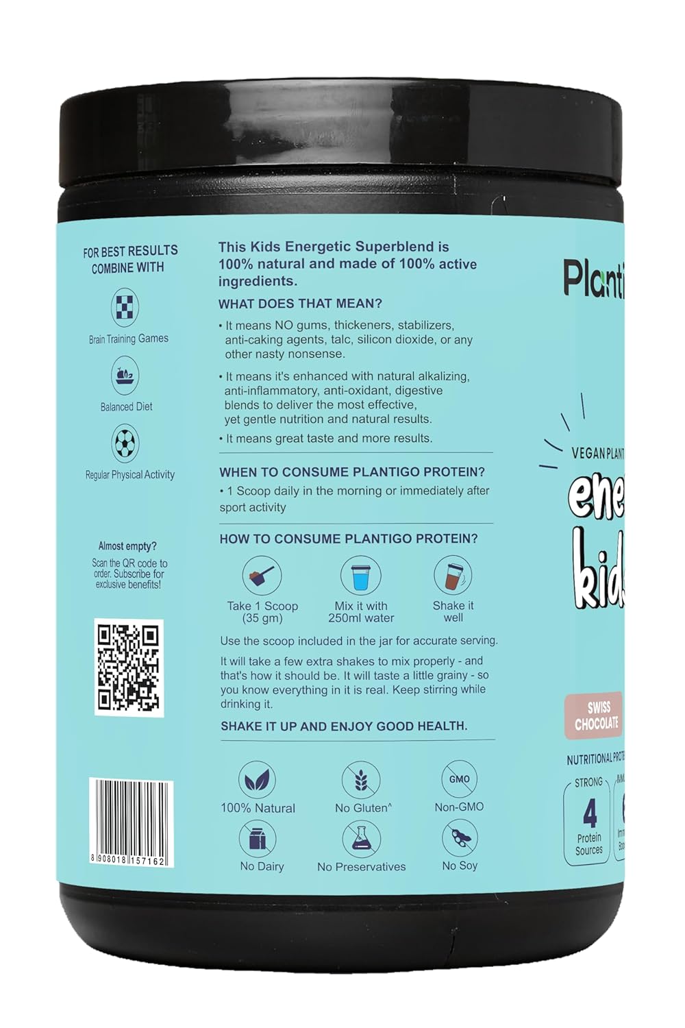 Plantigo Kids Protein 14g, 11 Vitamins, 8 Minerals, Vegan Nutrition Supplement | Muscle, Bone Growth & Brain Health | Plant Based Protein Powder for Kids 10+ years | (Swiss Chocolate Flavor - 500g)