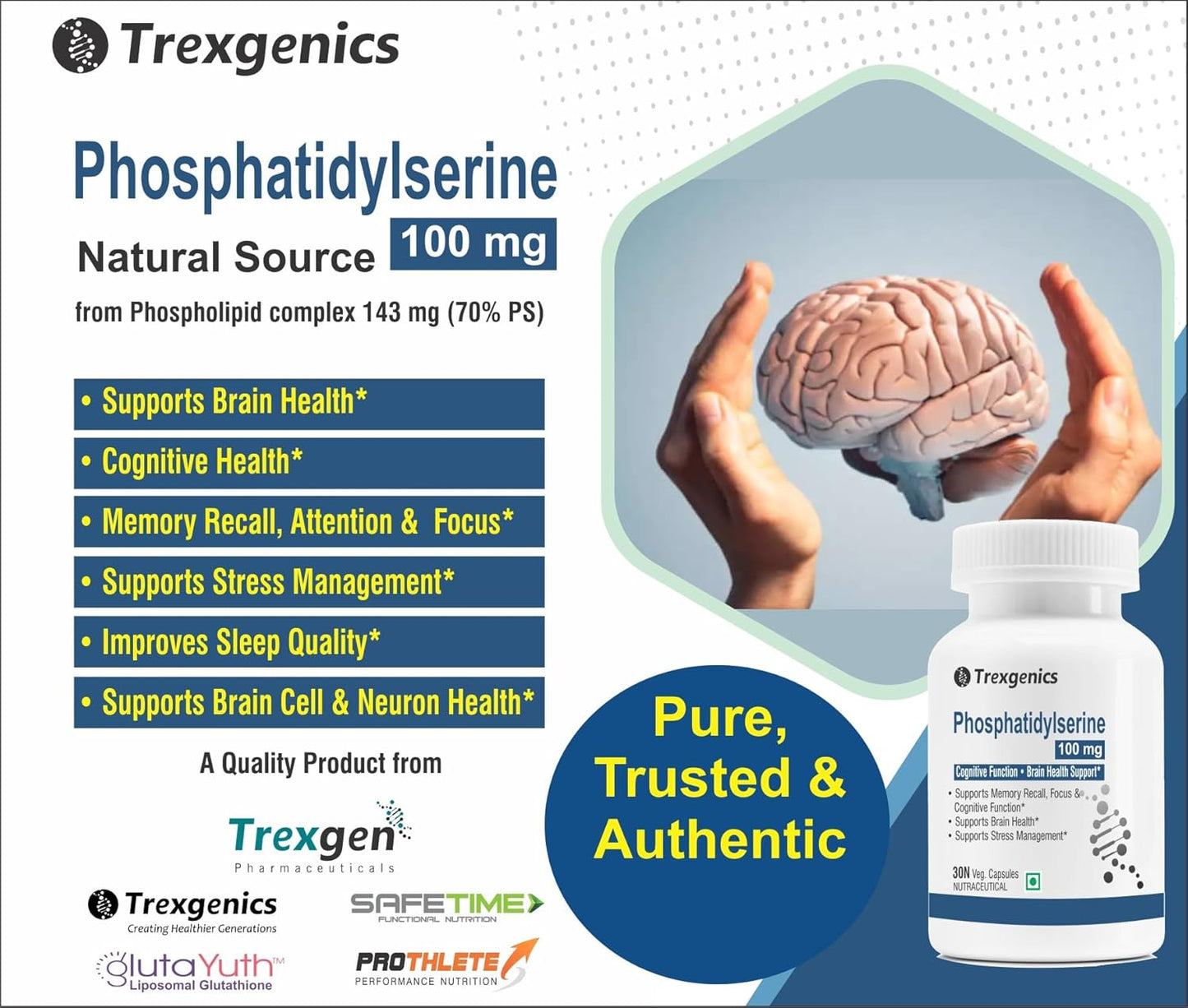 Trexgenics PHOSPHATIDYLSERINE 100 mg from Phospholipid Complex 143 mg, Cognitive Function, Brain Health Support (30 Veg Capsules)