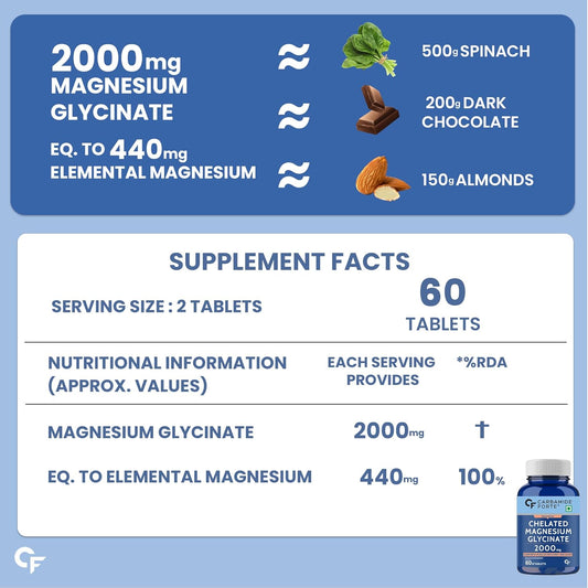 Carbamide Forte Chelated Magnesium Glycinate Supplement 2000mg Per Serving | Magnesium Supplement Supports Muscle Recovery & Better Sleep - 60 Veg Tablets