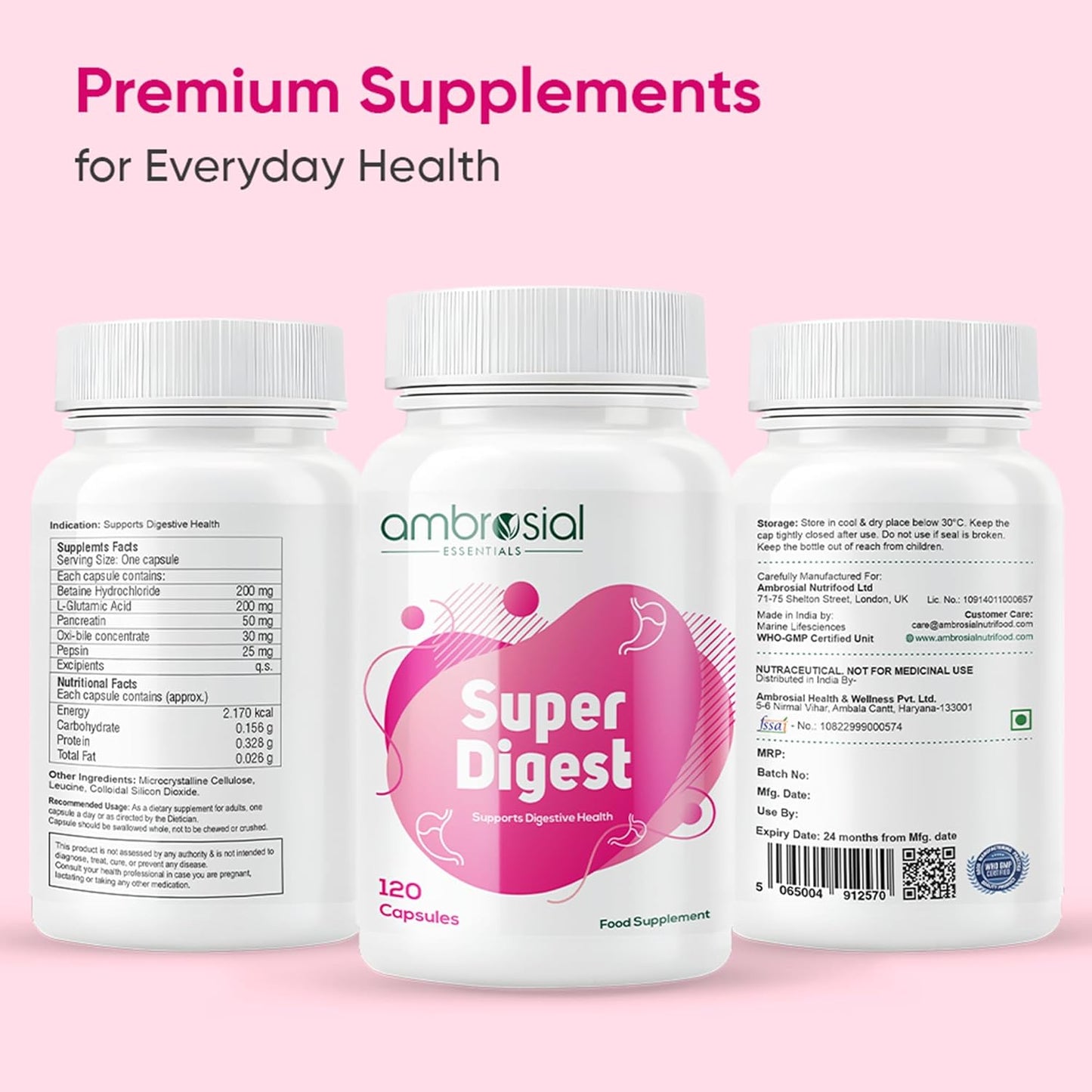 Ambrosial Super Digest with Betaine hcl Pepsin, Ox-Bile, Pancreatin & L-Glutamic Acid | Digestive Enzyme Supplements to Support Optimal Digestion & Gut Health (Pack of 1-120 Capsules)