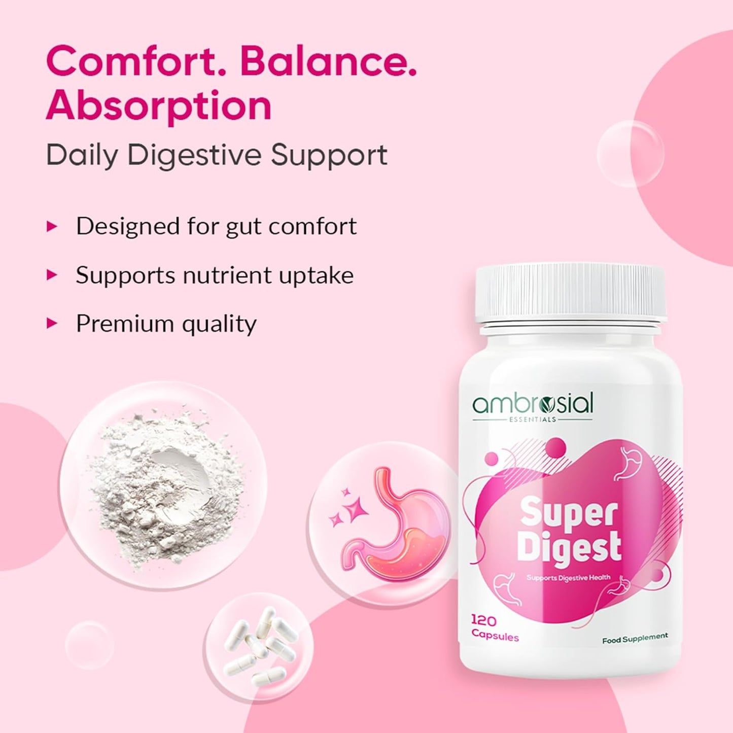 Ambrosial Super Digest with Betaine hcl Pepsin, Ox-Bile, Pancreatin & L-Glutamic Acid | Digestive Enzyme Supplements to Support Optimal Digestion & Gut Health (Pack of 1-120 Capsules)