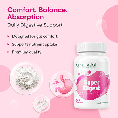 Ambrosial Super Digest with Betaine hcl Pepsin, Ox-Bile, Pancreatin & L-Glutamic Acid | Digestive Enzyme Supplements to Support Optimal Digestion & Gut Health (Pack of 1-120 Capsules)