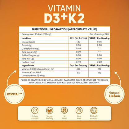 Rasayanam Vitamin D3 K2(MK-7) | 100% Vegan Vitamin D3 | Superior K2(MK-7) from Balchem, USA | For Calcium Utilization, Bone Strength & Heart Health | D3 Supplement For Immunity | 120 Veg Tablets