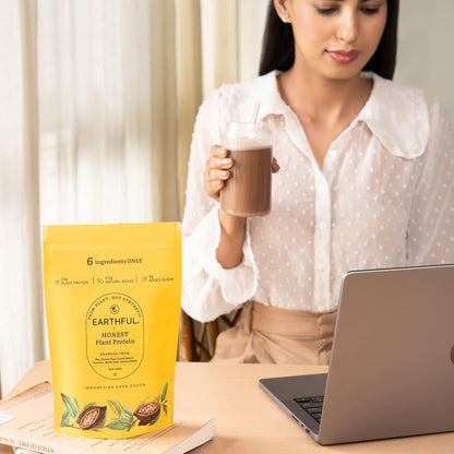 Earthful Honest Plant Protein | 24g Protein/Serving & 4.9g BCCAs | For Weight Management, Energy, Muscle Support & Recovery | Made with Pea & Brown Rice | Indonesian Cocoa - 504g