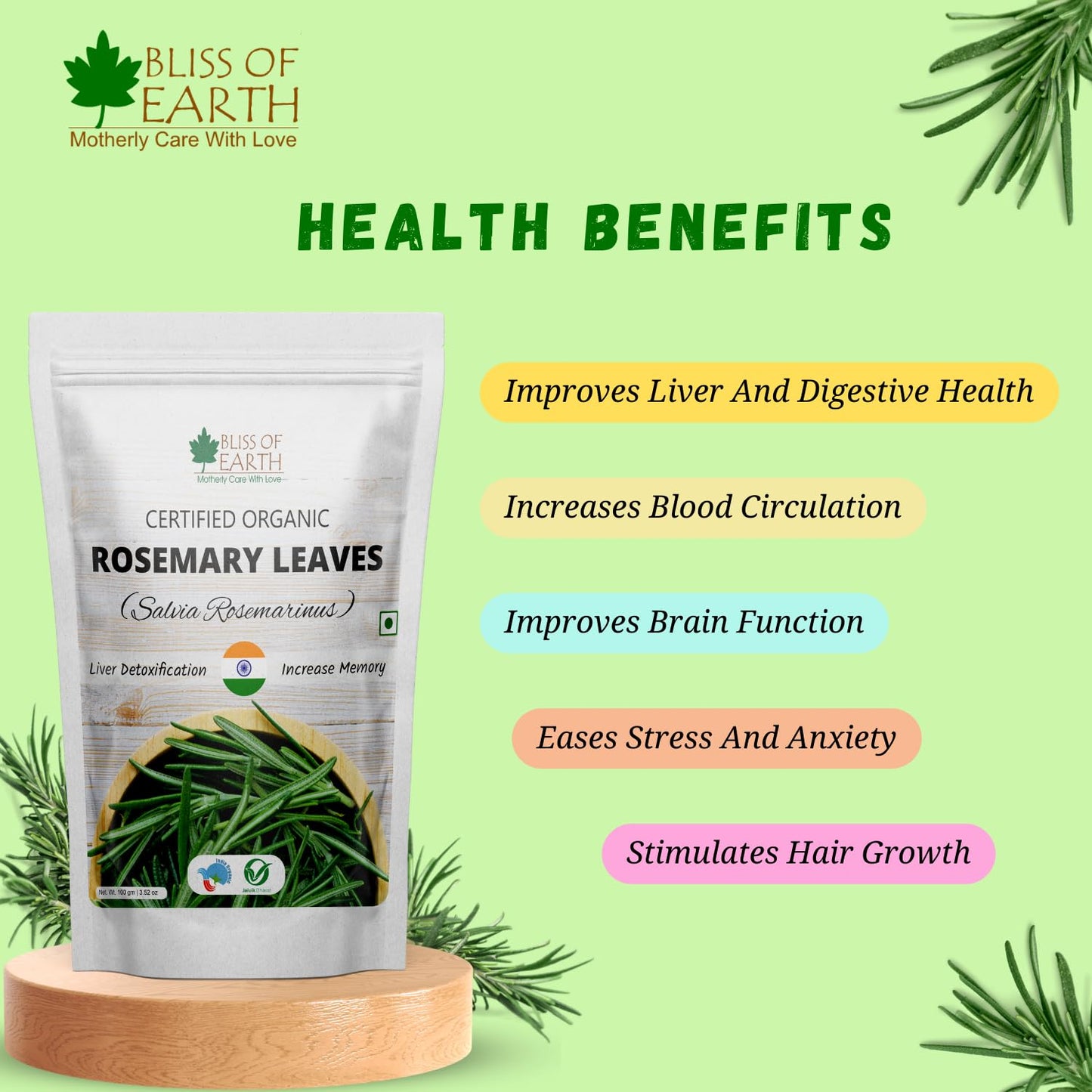 Bliss of Earth Dried Rosemary Leaves Certified Organic Rosmarinus Officinalis Great for Tea, Cooking, Hair & Memory 50GM