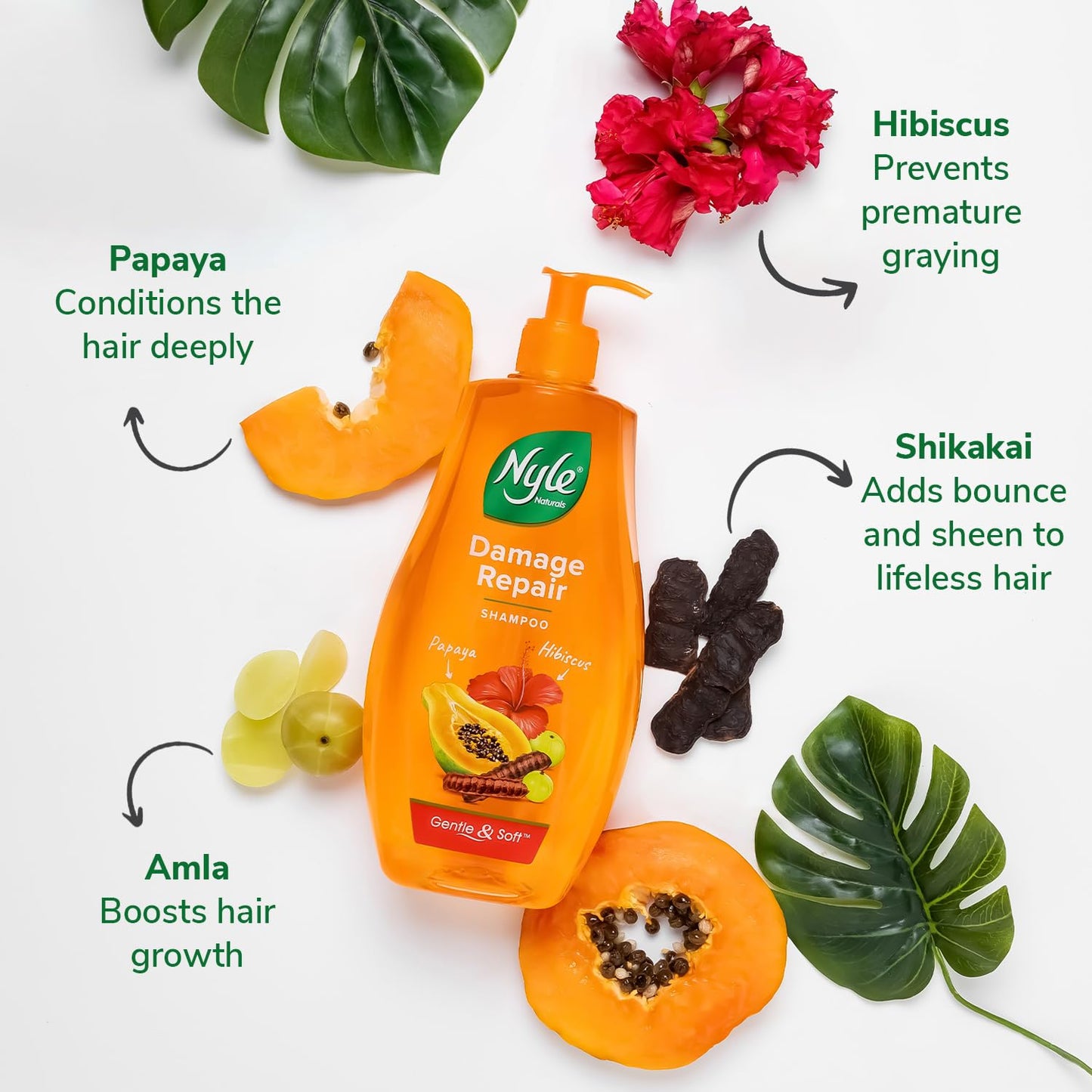 Nyle Naturals Damage Repair Anti Hairfall Shampoo, With Shikakai And Hibiscus,Gentle and soft shampoo, PH balanced and Paraben free, For Men and Women, 400ml