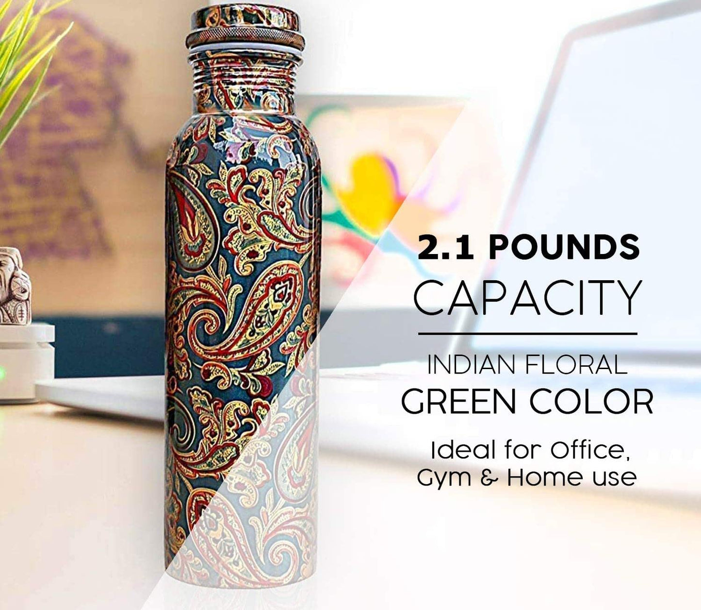 KC Pure Copper Designer Water Bottle with Leak Proof Protection, Ayurveda and Yoga Health Benefits (1000ml, 1Unit) With Lacqure Coating