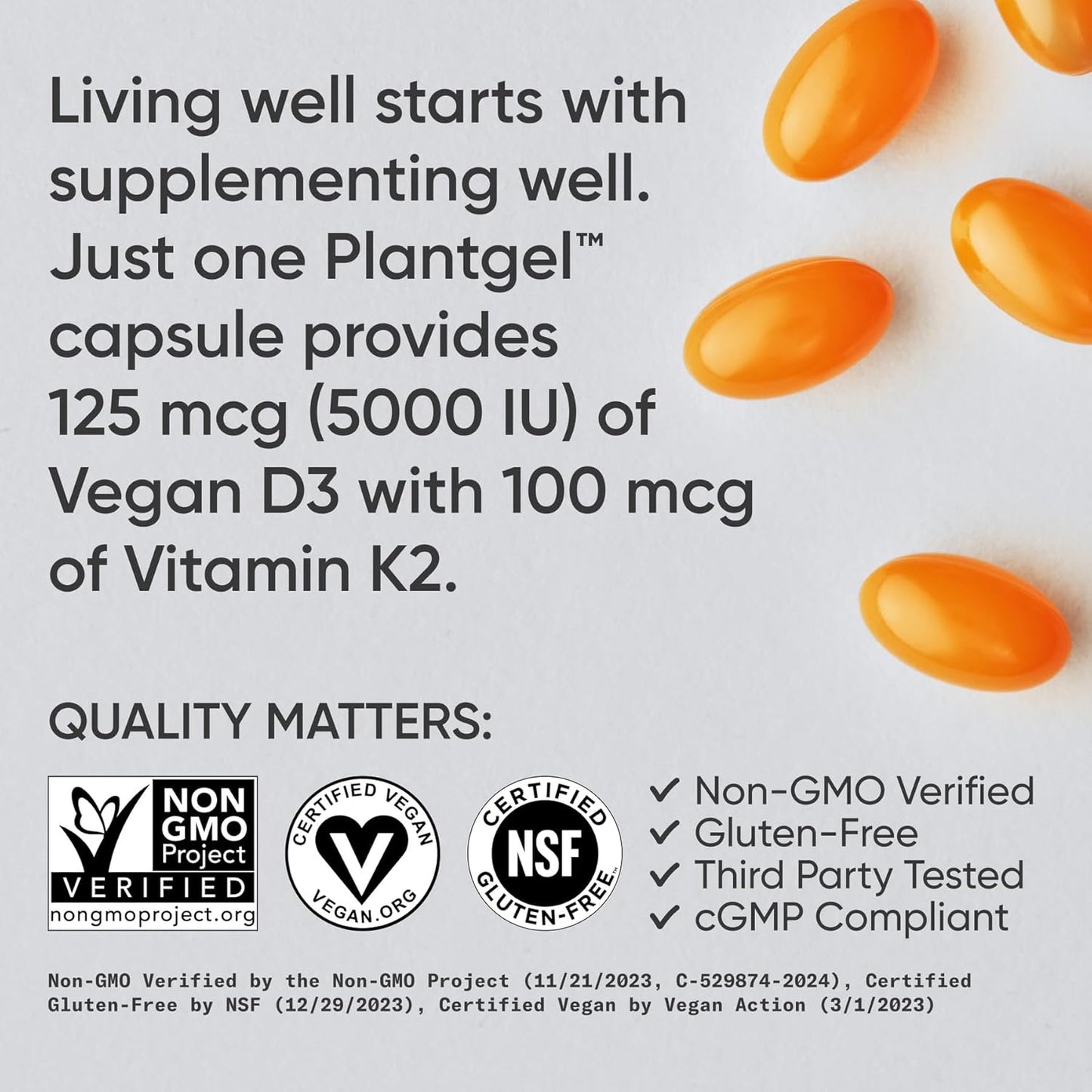 Sports ResearchÂ® Vitamin D3 + K2 w/Coconut Oil - Vegan Vitamin D 5000iu (125mcg) & Mk7 Vitamin K 100mcg for Bone & Immune Support - Vegan Certified Â· Non-GMO Â· Soy Free - 30 Softgels