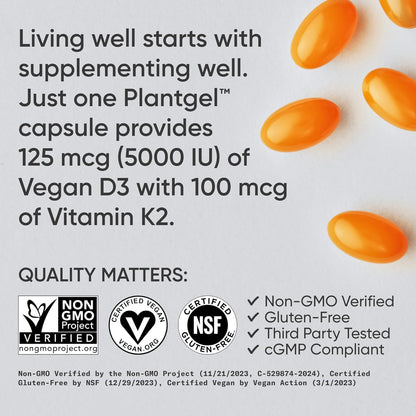 Sports ResearchÂ® Vitamin D3 + K2 w/Coconut Oil - Vegan Vitamin D 5000iu (125mcg) & Mk7 Vitamin K 100mcg for Bone & Immune Support - Vegan Certified Â· Non-GMO Â· Soy Free - 30 Softgels