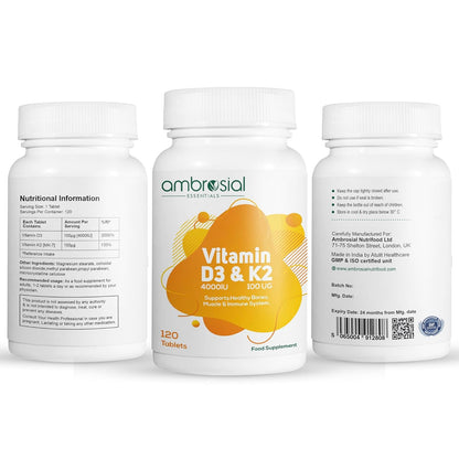 Ambrosial Vitamin D3 & K2 Tablets 4000IU Vitamin D3 + 100Âµg K2 MK-7 for Healthy Bones, Muscles, and to Support The Immune System - 120 Tablets