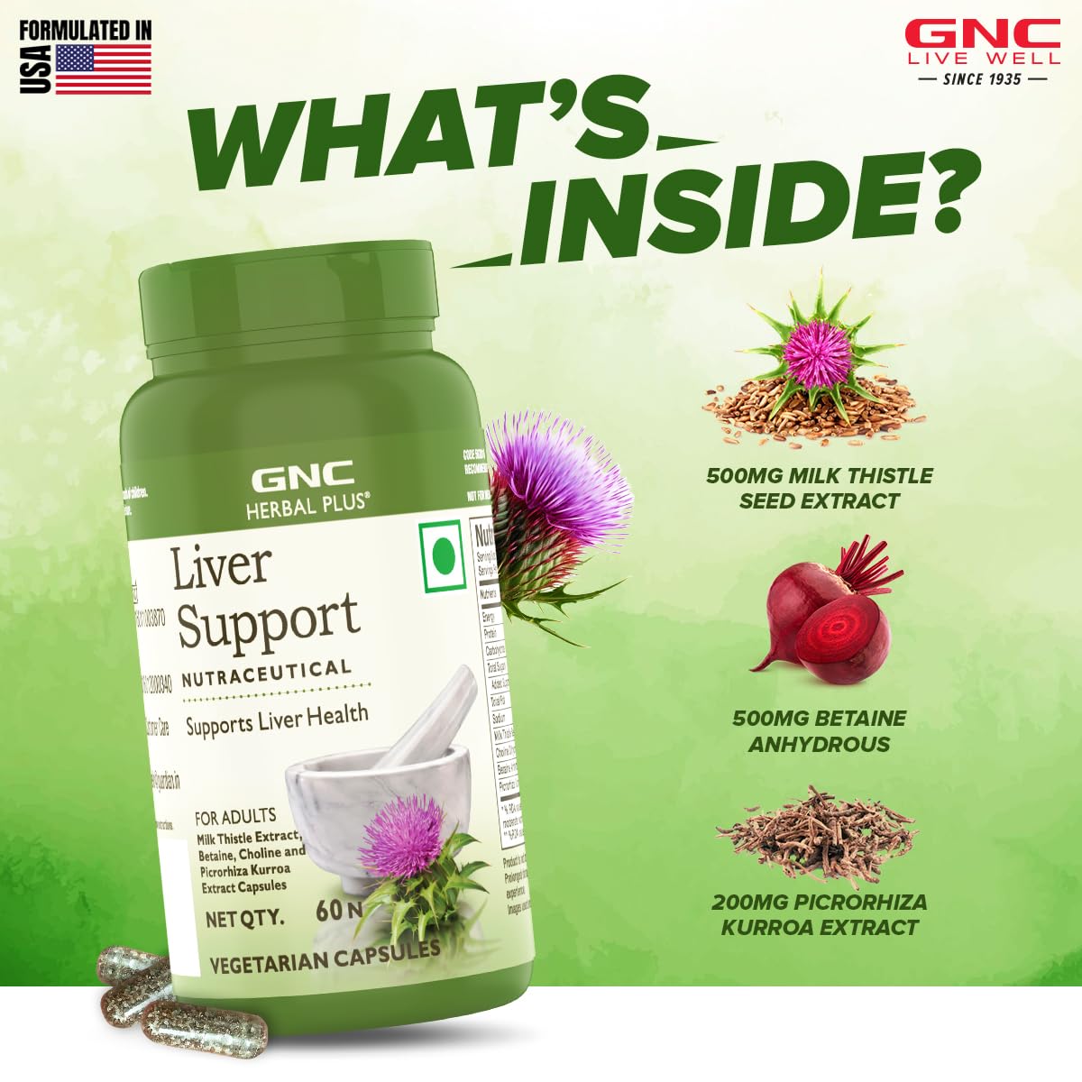 GNC Herbal Plus Liver Support With Milk Thistle & Picrorhiza | 60 Capsules | Cleanses Liver | Protects Liver Health | Facilitates Fat Metabolism | Provides Antioxidant Support | Formulated in USA