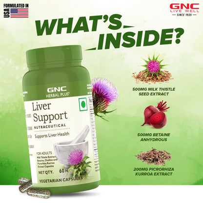 GNC Herbal Plus Liver Support With Milk Thistle & Picrorhiza | 60 Capsules | Cleanses Liver | Protects Liver Health | Facilitates Fat Metabolism | Provides Antioxidant Support | Formulated in USA