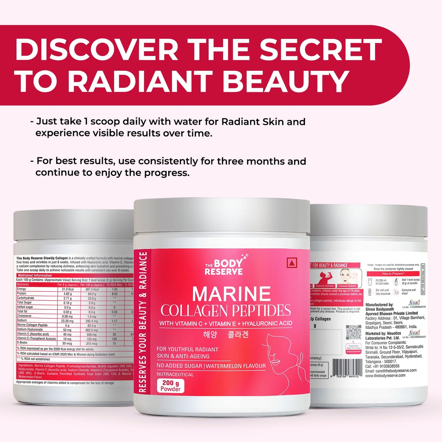 The Body Reserve Marine Collagen Peptides (Watermelon, 200g) | With Vitamin C, Vitamin E, Sodium Hyaluronate & Biotin | Supplement for Healthy Skin, Hair & Nails | Hydrolyzed Fish Powder for Women & Men