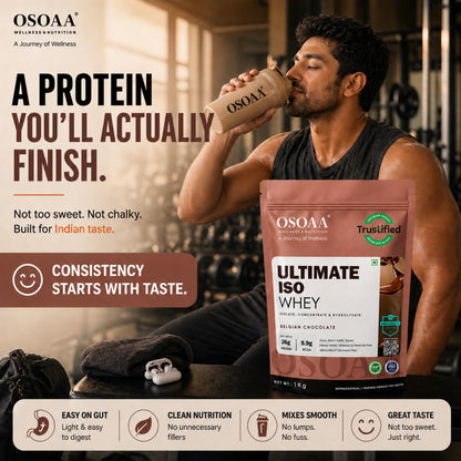 OSOAA Ultimate ISO Impact Whey Protein - 1kg, Belgian Chocolate | 26g Protein, 7g BCAA | Tri-Blend: Isolate, Concentrate & Hydrolysate | Trustified Certified & Batchwise NABL Lab Tested | Unbox Health A Rated | No Adulteration