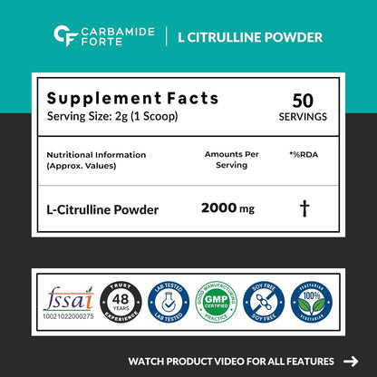 Carbamide Forte L Citrulline Powder 2000mg | pre workout Supplement for men & Women | L Citrulline Malate Powder | 2000mg 50 Unflavored Servings