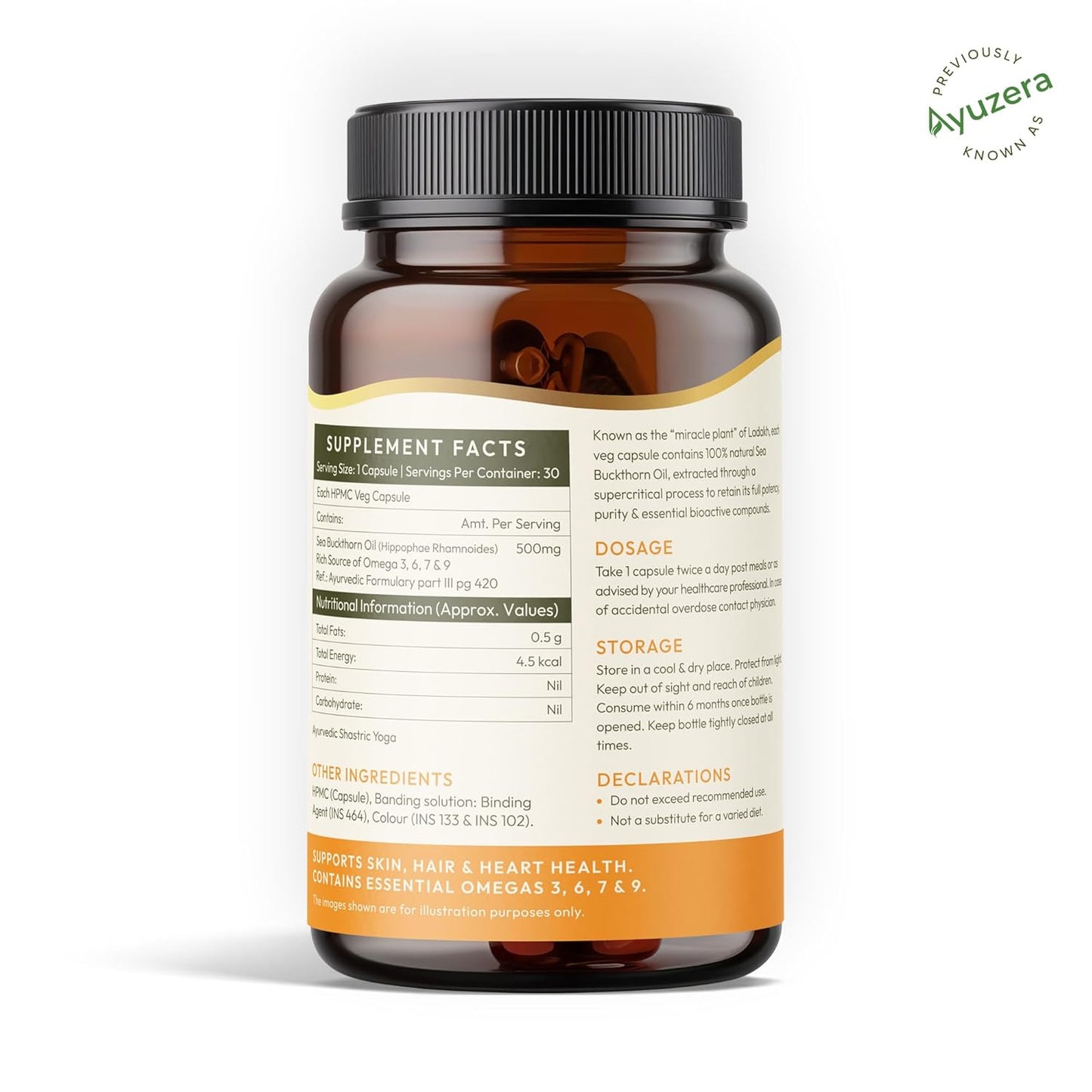 Wellwith (Ayuzera) Sea Buckthorn Berry Oil Vegan Omega 7 500mg, 30 Veg HPMC Capsules (Pack of 1), 15-Day Supply| Sea buckthorn capsules rich In Omega 3, 6, 7 & 9 For Muscle, Bone, Heart & Skin