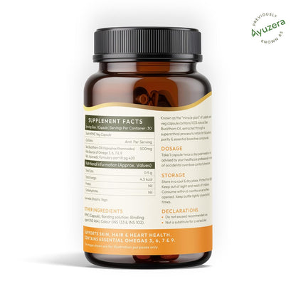 Wellwith (Ayuzera) Sea Buckthorn Berry Oil Vegan Omega 7 500mg, 30 Veg HPMC Capsules (Pack of 1), 15-Day Supply| Sea buckthorn capsules rich In Omega 3, 6, 7 & 9 For Muscle, Bone, Heart & Skin