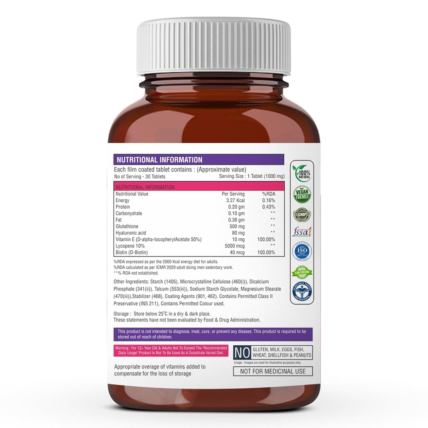 The Body Reserve Japanese L-Glutathione Tablets for Skin Whitening | 500mg Glutathione Supplements with Hyaluronic Acid, Vitamin E, Lycopene & Biotin | Skin Glow & Collagen Support | Sugar-Free, 30 Tablets