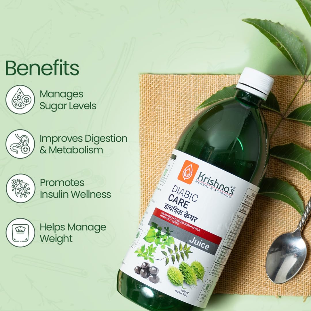 Krishna's Diabic Care Juice - 1L | Clinically Proven Diabetic Care | Blend of 11 Herbs Methi, Amla, Karela, Jamun, Kutki, Guduchi & 5 Other Herbs to Manage Sugar Levels, Clinically Proven