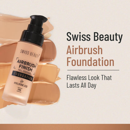 Swiss Beauty Airbrush Finish Foundation 30ml | Full Coverage Up to 8H | Waterproof & Lightweight | Natural Matte Finish | Long-Lasting Wear | Hyaluronic Acid | All Skin Types | Dermatologically Tested | Shade 02 Fair Ivory