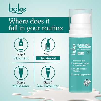 BAKE 6% Glycolic Acid Cream with Niacinamide for Pigmentation, Dark Spots & Tan Removal | Daily Brightening Cream | Improves Uneven Skin Tone & Reduces Sun Damage | For Men & Women | 30g