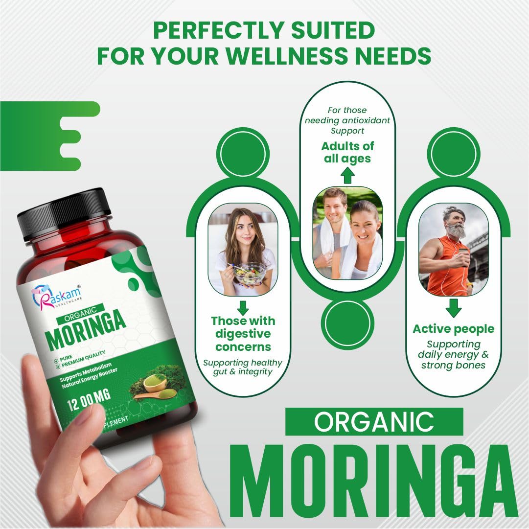 Organic Moringa Tablet with 1200mg Leaves Extract | Powder Tablets for Immunity, Digestion & Energy | Organic Leaves 120 Tablets