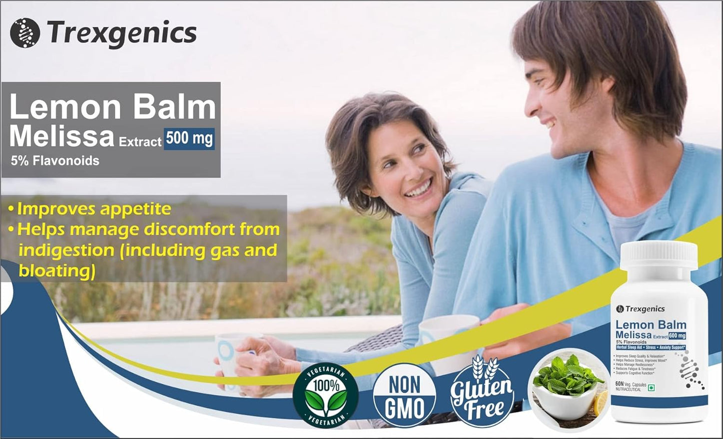 Trexgenics LEMON BALM 5% Flavonoids 500 mg Sleep, Relaxation, Mood Support VEGAN & NON-GMO (60 Veg. Capsules) (Pack of 1)