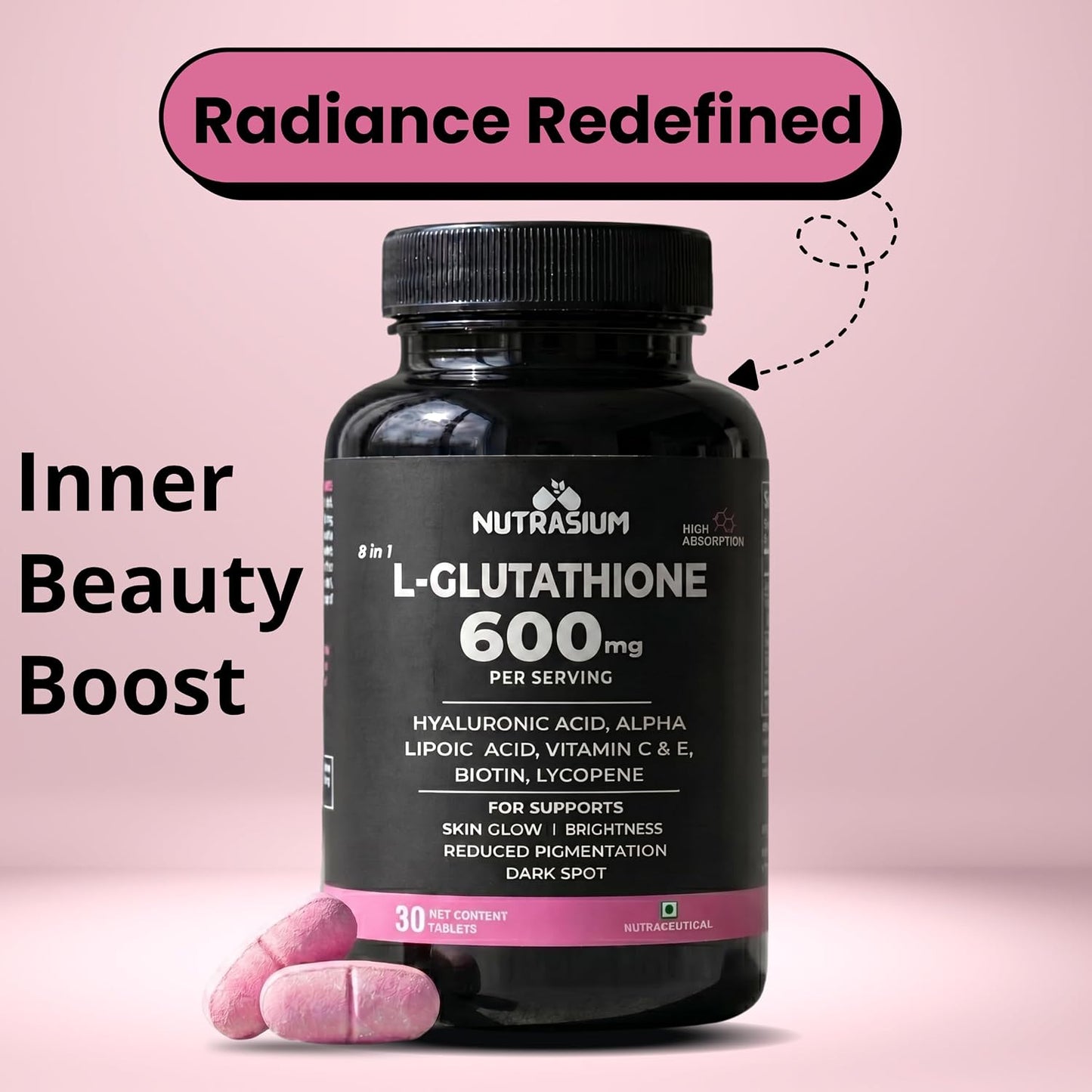 Nutrasium L-Glutathione 600 mg with Hyaluronic Acid & Biotin | For Skin Glow, Hydration, Even Skin tone & Skin Radiance | Reduce Pigmentation & Dark Spot | 60 Tablets