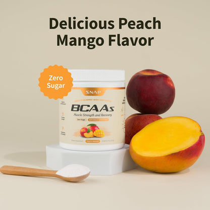 Snap Supplements BCAA Powder - 5g Vegan Branched Chain Amino Acids (2:1:1 Leucine Isoleucine Valine) + Essential Amino Acids with Nitric Oxide Booster, 30 Servings, Peach Mango