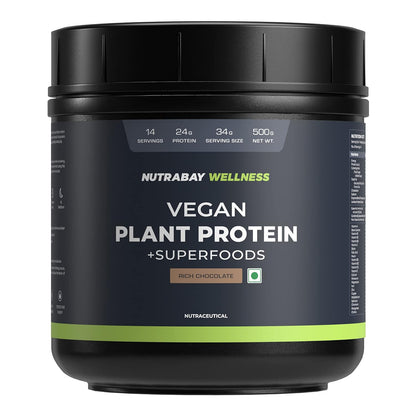 Nutrabay Wellness Vegan Plant Protein Powder + Superfoods 24g Protein per Serving â€“ Complete Amino Acid, Pea & Brown Rice, Sugarfree â€“ 500g, Rich Chocolate | 100% Authentic Clean Protein