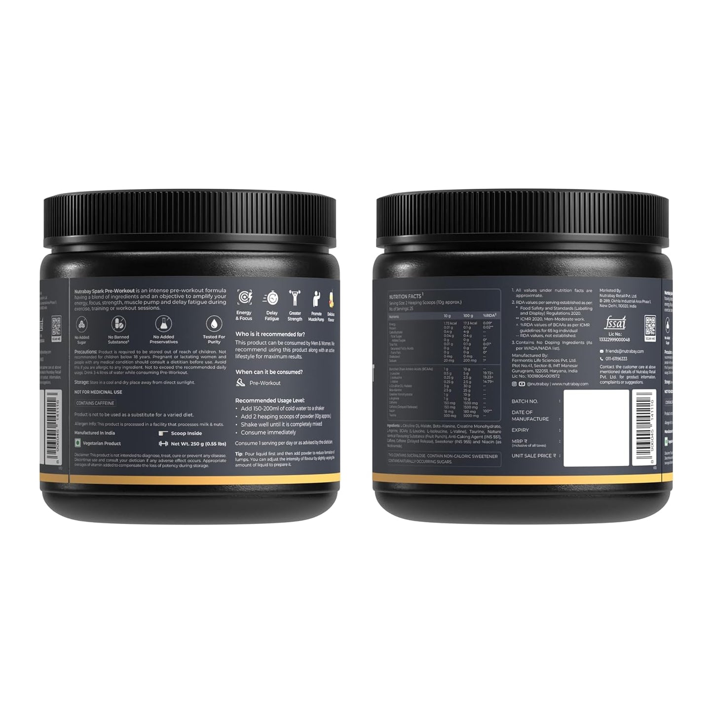 Nutrabay Gold Spark Pre Workout Supplement Powder 300mg Caffeine, 1000mg L-Arginine, 3000mg Beta Alanine, 2500mg Citrulline Malate per Serving â€“ Muscle Pump & Performance â€“ 250g, Fruit Punch