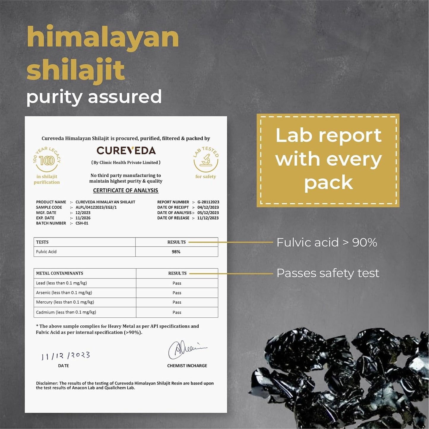 Cureveda Himalayan Shilajit For Men - Resin | 98% Fulvic Acid For Energy, Endurance & Vitality | 100% Ayurvedic (10 gm)