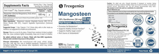Trexgenics MANGOSTEEN 10% Xanthones 500 mg Fat Metabolism, Sugar Levels, Immunity, Weight Management Support VEGAN & NON-GMO (60 Veg. Capsules) (Pack of 1)