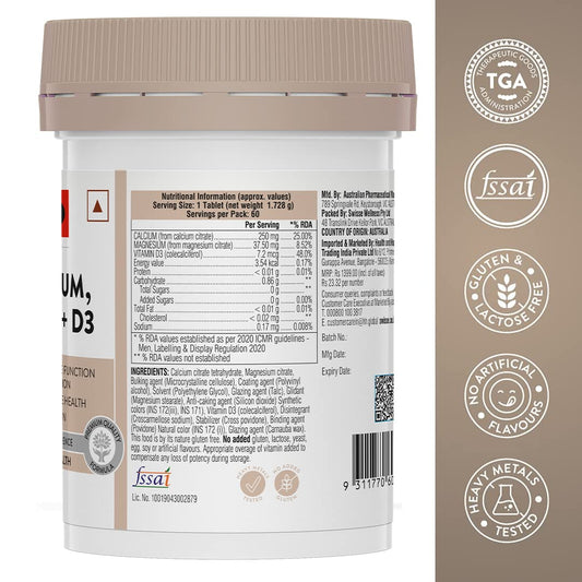 Swisse Magnesium, Calcium+D3 Supports Muscle Function, Energy & Bone Health (Manufactured In Australia) - 60 Tablets (1 Tablet Per Serving)